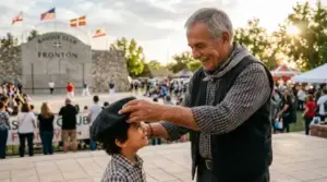 Elder passing beret to child